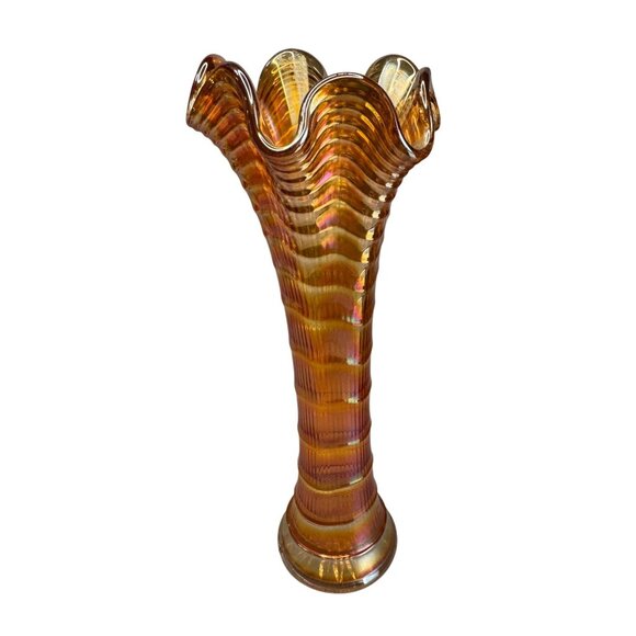 Antique Marigold Carnival Funeral Vase Ruffled Rim Glass Ribbed 10.5 Inch Tall - Picture 3 of 8